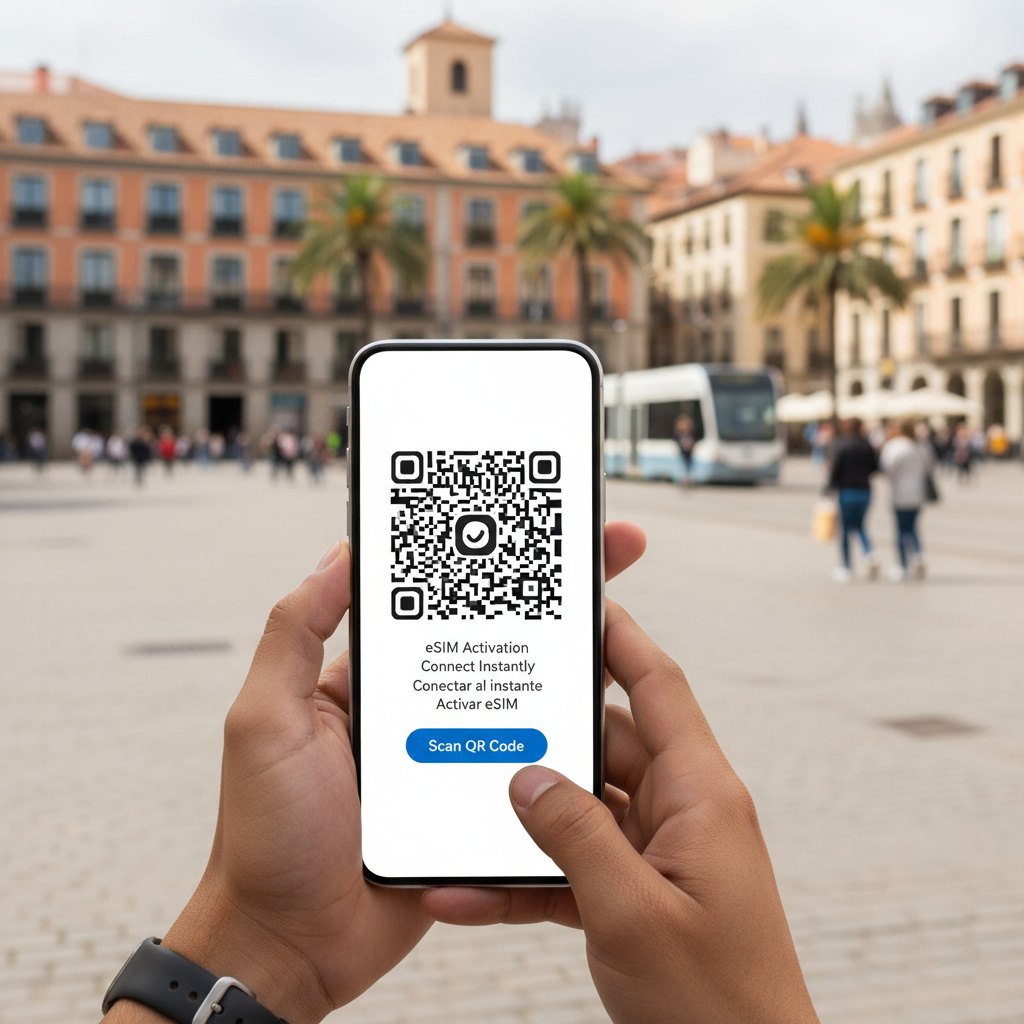 Viajero activando eSIM por QR en Madrid